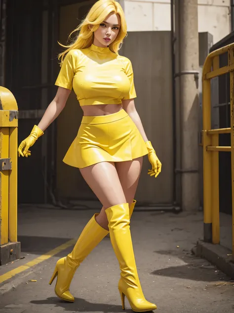 Full body, realistic, 8k, best quality, masterpiece, (1 beautiful woman, solo: 1.1), very big breasts, yellow hair, yellow crop top, yellow skirt, yellow gloves, yellow high heel boots