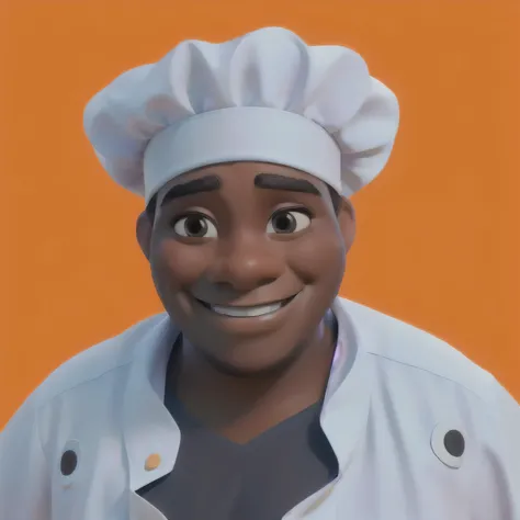 smiling black man in chefs hat and white shirt with orange background, plus size, smiling with closed eyes, big smile, wearing white chef hat, cook, best chef, happy chef, chef hat, in front of an orange background, headshot photo, professional picture, he...