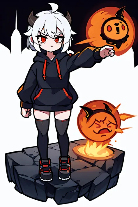 one girl,white hair,black horns,short stature ,red eyes,short hair,bushy brows,hoodie,tired eyes,fullbody,thigh highs,white background,hands in hoodie,sleep deprived,eye dark circles,straight posture 