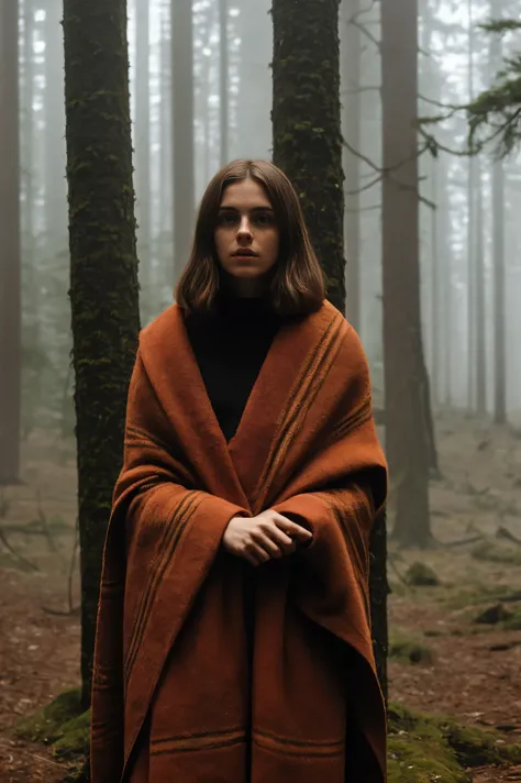 arafed woman with a blanket wrapped around her shoulders in a forest, digital art inspired by Vanessa Beecroft, tumblr, digital art, monia merlo, portrait of nordic girl, in woods, karol bak of emma watson nun, in forest, alessio albi, in the woods, erwin ...