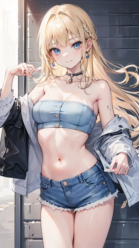 (8k、Best image quality、highest quality、masterpiece)、Detailed face、One girl、Blonde、Long Hair、blunt bangs、evil smile、Earrings、Grey Eyeoderate breasts、White tube top、((Strapless))、belly button、((denim short shorts))、Cowboy Shot、City Background
