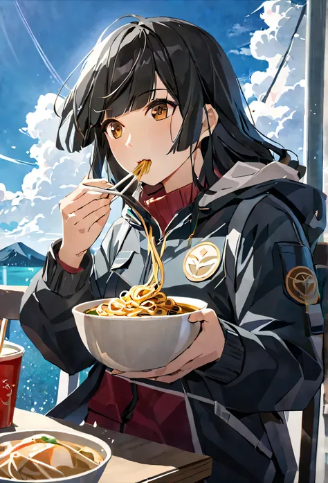 masterpiece,best quality, 1 girl, solo, eda, bangs, black hair, blue sky, cloud, she is eating noodles, she travels around the world, jacket