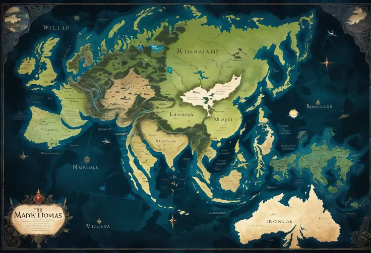 A fictional map of the world in a dark fantasy style, with subtle details that include different continents, kingdoms and regions, cities, villages and towns, natural features such as mountains, forests and rivers, political borders, texts indicating the n...