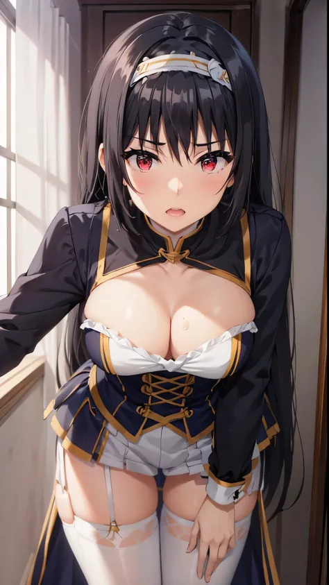 black hair,red eyes,((black dress)),logh hair,blush