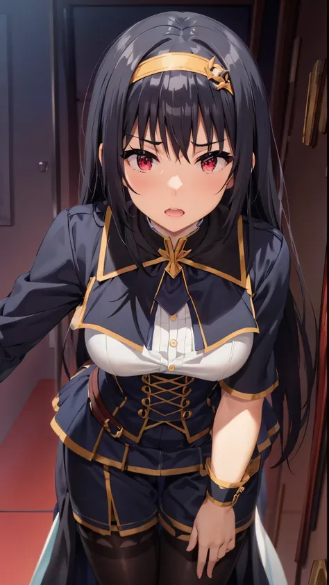 black hair,red eyes,((black dress)),logh hair,blush