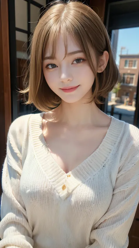 ((highest quality、Masterpiece、High resolution))、(((Zoom photo of upper body)))、(A shy smile:1.2)、One 15-year-old female、Beautiful Skin、Beautiful Eyes、sweater、Trimmed bangs、Blonde Hair