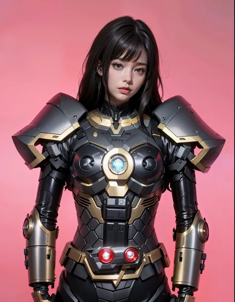 best quality,Gold Jewelry,Fairy Skin,(every time :1.2),eternal,Super detailed,Practical,high quality,Lighting,Ray tracing,Ultra HD,Upper part of the body, Future Iron Man Mech，Filming，Battery，Transmitter，Large caliber artillery，Roseland 8k，Mech Cyber Armor...