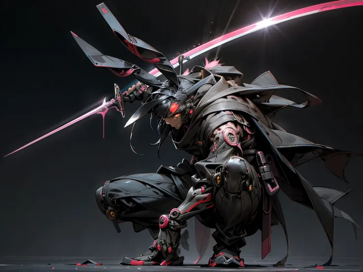 Dark Fantasy, Cyberpunk, (neon, cyber ninja, Silver:1.2), One figure, action pose, masterpiece of artistry, High-resolution detailed masterpiece (highres), Scarred, one-eyed, (Rabbit Ears swordsman:1.2), exudes a cool samurai-style aura, with a sleek cyber...