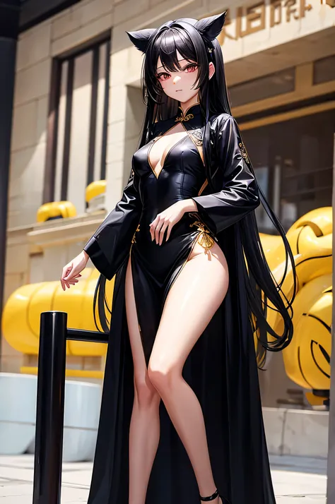 Long black hair, golden rim, all-black cheongsam, obvious eyeliner, small breasts, long legs 