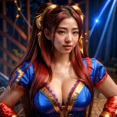 8K , Japanese Idol , Baby Face , Cute , Masterpiece , 18 Yearsold , Cleavage , Red-Blue Superman Uniform Cosplay , Lace , Gloves , Ultra Large Bare Breast , Posing , Muscular , Sexy Look , Dramatic Pictures , Gorgeous , Chaos Battlefield Background , Extre...