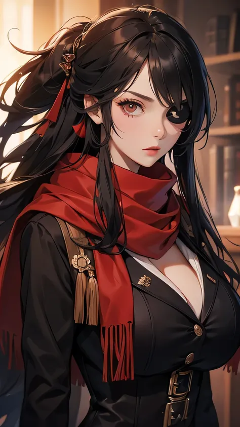 black long hair, red scarf, brown clothes, pirate eyepatch, beautiful woman, woman with big breasts