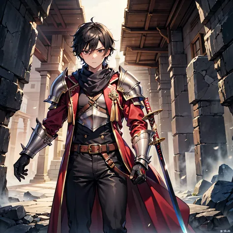 Anime art style,highest quality,High resolution,Anatomically correct,One Man,good looking,Twenty generations,Black Hair,Black Eyes,Super detailed,Fantasy worldview,Spiky Hair,Tun-tsun Hair,Brave,Slender build,Red long coat,White scarf,Silver Breastplate,Si...