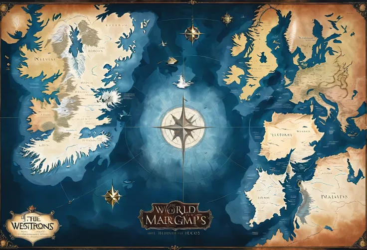 The world map is a vast imaginary consisting of two continents separated by a sea and north by ice with accurate details that include 2 continents 5 kingdoms and different regions and the style of the map of Westeros 