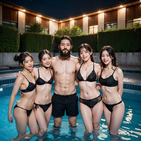 a group of over 8 japanese high school students, boys and girls are mixed, photo, (in an luxurious night pool), (everyone smilin...