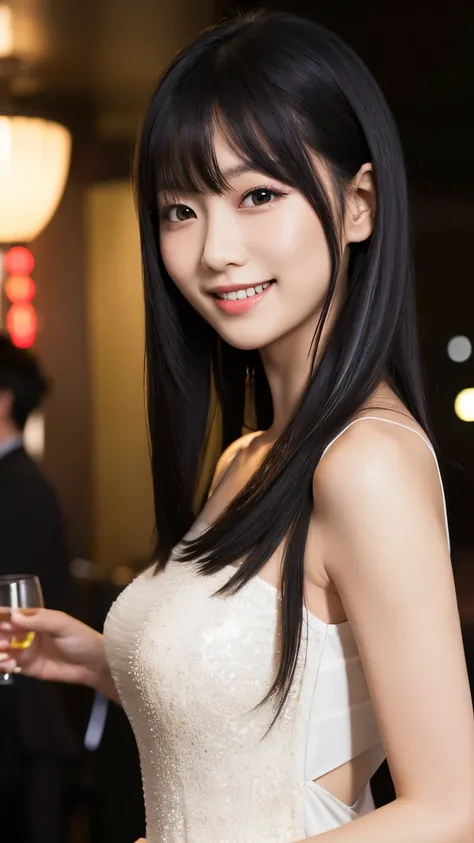 Japanese,Inside the nightclub、Welcome guests、 Japanese２５Full body picture of an old woman, Gracious hostess、To the camera,  Elegant smile, light makeup,  beautifully styled black hair, Light black straight hair reaching to the shoulders, White skin, Wear a...