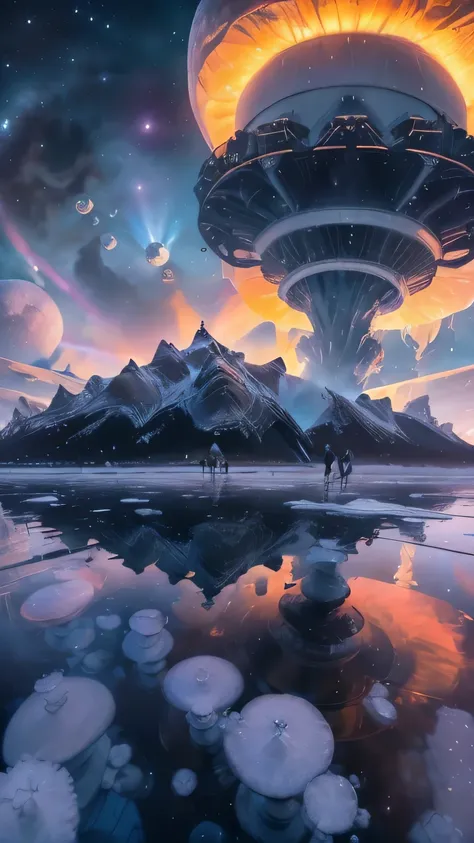 photos of strange heavy metal planet clouds, city made of white mushrooms and ice, electron microscopy photography, tissue engin...