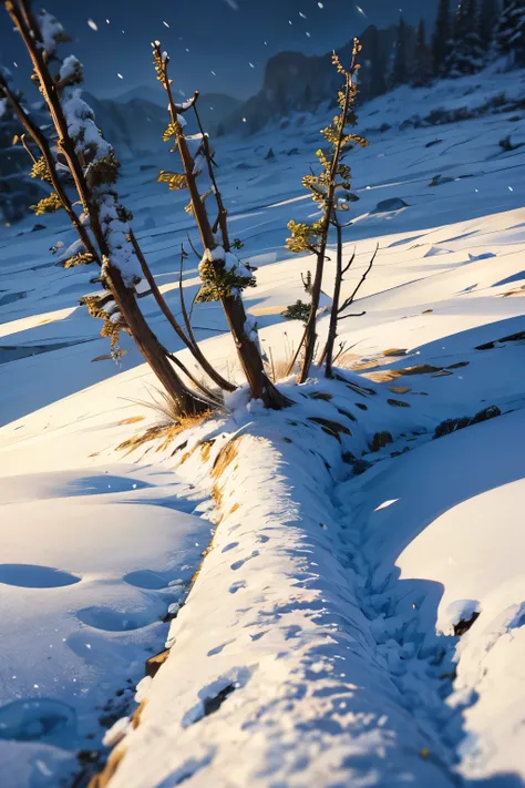 /imagine prompt: Six Neanderthal boys, aged 5 to 7, running in the snow. Two have blonde hair, one has black hair, two have brown hair, and one has white hair, all with shoulder-length hair. The scene is viewed from above their heads with a diagonal camera...