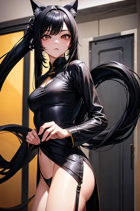 Long black hair, all black long cheongsam, obvious eyeliner, small breasts, long legs, cat ears