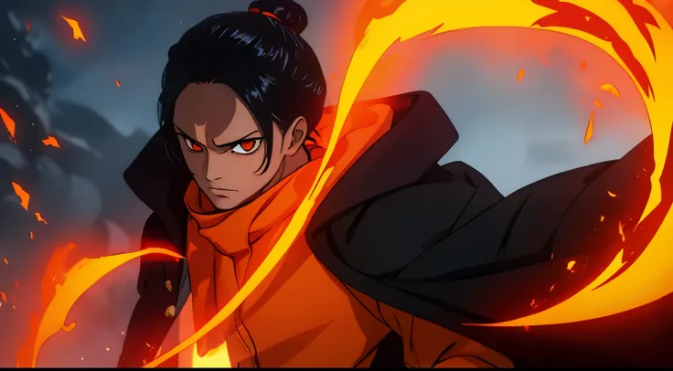 one man, wearing a black overcoat with orange tones, long black hair, orange eyes, hair tied in a bun,dark skinned fire
