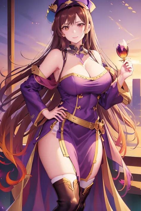 woman, long hair, brown hair, brown eyes, smiling, Mage purple hat(with golden details), strapless dress, cleavage, mage purple dress(with golden details), long cape, long purple socks, Zettai ryōiki ,purple gloves, belt, busty, wide hips, large thighs, an...