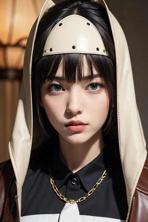 ((best quality)), ((masterpiece)), (detailed), perfect face, Young Girls, Black short hair, Green Eyes, White mask, brown leather coat, have, Rorschach inkblot test, angry, masterpiece, high quality, Wear a samurai mask