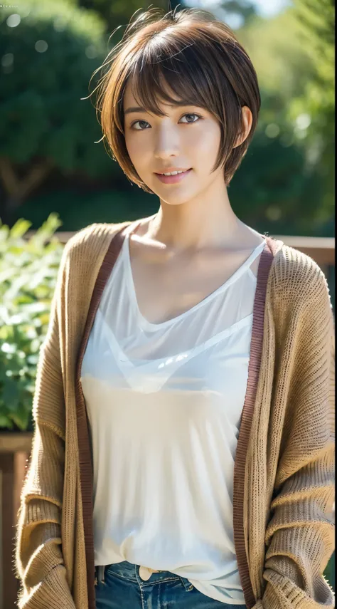 ((Best Quality, 8K, masutepiece :1.3)), 1girl(hair dyed brown, pixie cut), Cardigan :1.1, Ultra-detailed face(Round face 0.5), Detailed eyes, double eyelid.Sharp Focus: 1.2, (Increase the beauty of skin texture:1.1).Sensual beauty.(Full body shot).Smile.(f...