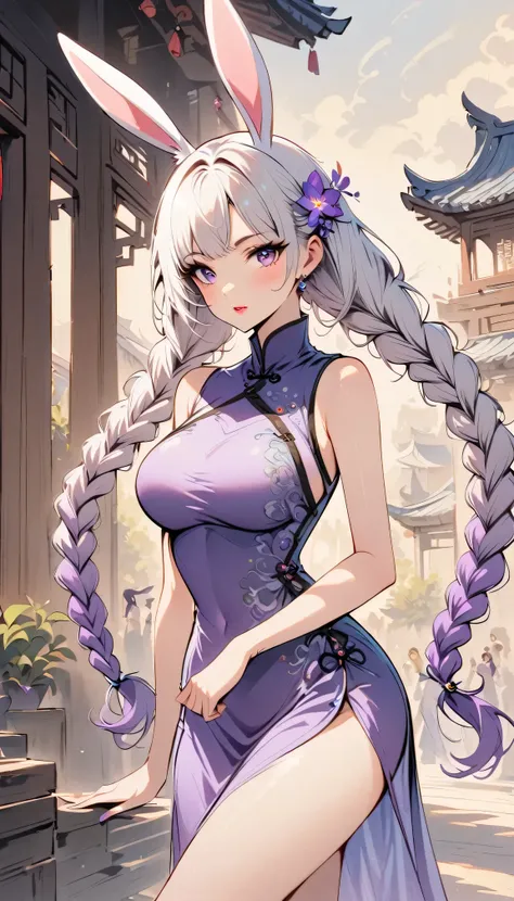 retro style, chinese cheongsam sexy,high-end fashion,a girl, yinji, purple hair, purple eyes, long hair, white hair, double brai...