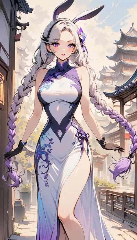 retro style, chinese cheongsam sexy,high-end fashion,a girl, yinji, purple hair, purple eyes, long hair, white hair, double brai...