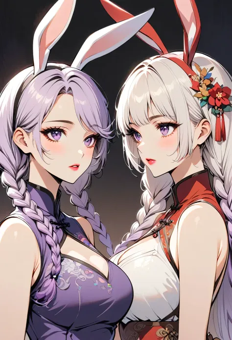 Retro Style, Chinese cheongsam sexy,High-end fashion,A couple of lovers staring at each other, yinji, purple hair, purple eyes, long hair, white hair, double braids, gradient hair,Rabbit Ears,Fine details,Chic and stylish,Perfect makeup,Gorgeous expression...