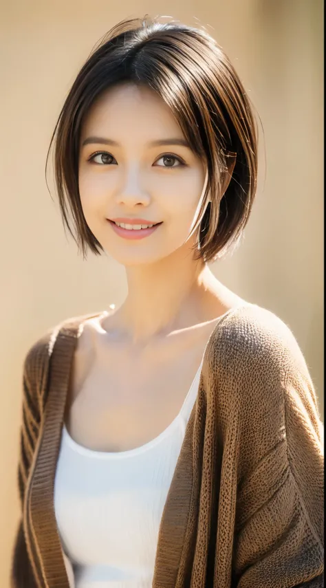 ((Best Quality, 8K, masutepiece :1.3)), 1girl(hair dyed brown, pixie cut), Cardigan :1.1, Ultra-detailed face(Round face 0.5), Detailed eyes, double eyelid.Sharp Focus: 1.2, (Increase the beauty of skin texture:1.1).Sensual beauty.(Full body shot).Smile.(f...