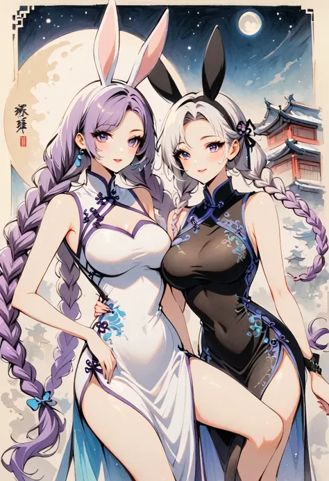 retro style, chinese cheongsam sexy,high-end fashion,a couple of lovers staring at each other, yinji, purple hair, purple eyes, ...