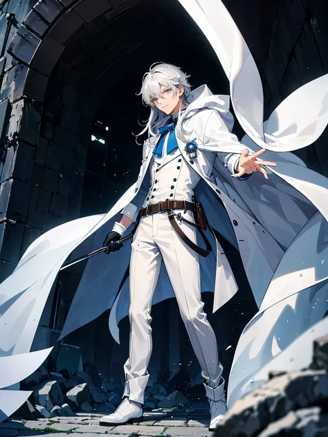 man in his 20s with gray longhair, gray eyes. wearing a white hooded cape, dressed in a blue button shirt, beige pants and glove...