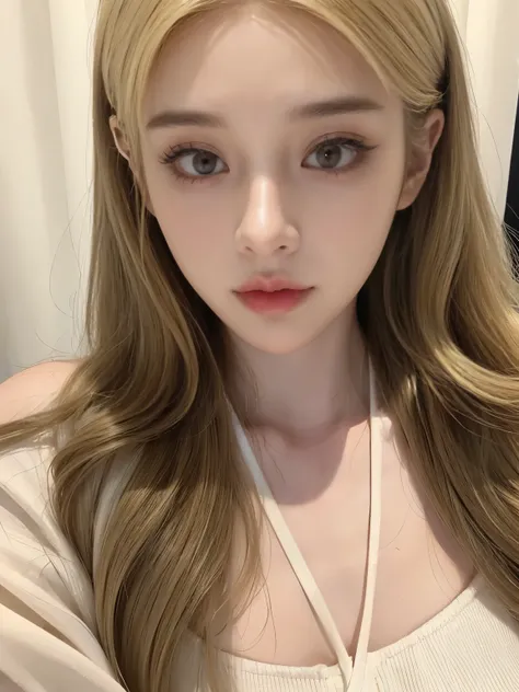 pretty girl with slanted eyes, thin lips and thin nose, with blonde hair