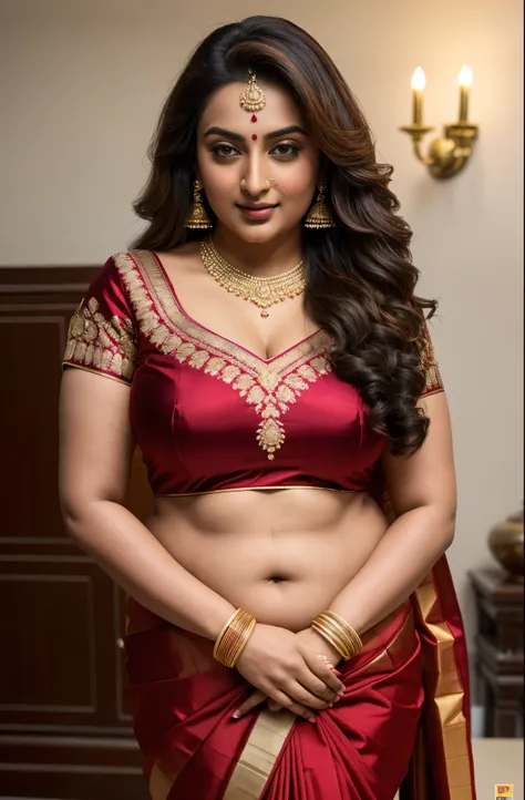 Foto RAW, photorealistic, photography, full body shot, master shot, perfect eyes, goddess like beauty, pierced eyes, perfect thick chubby mallu Desi aunty bhabhi, Wearing a Stanapatta, a chest-band.Saree model, model Photography, Indian saree shoot, Indian...