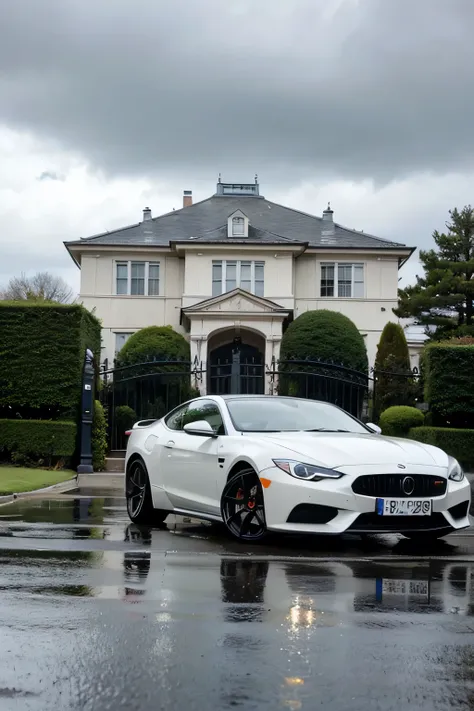 Suburban mansion exterior、A luxurious gate、Rainy weather、Gloomy sky、A sports car is parked in the parking lot、