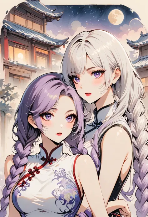 retro style, chinese cheongsam sexy,high-end fashion,a couple of lovers staring at each other, yinji, purple hair, purple eyes, ...