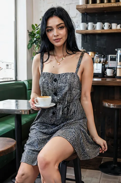 beautiful turkish woman with black hair in a dress in a cafe, normcore, dark silver and dark gold, happycore, focus on joints/co...