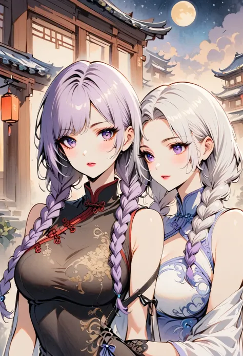 Retro Style, Chinese cheongsam sexy,High-end fashion,A couple of lovers staring at each other, yinji, purple hair, purple eyes, long hair, white hair, double braids, gradient hair,Fine details,Chic and stylish,Perfect makeup,Gorgeous expression,Beautiful a...