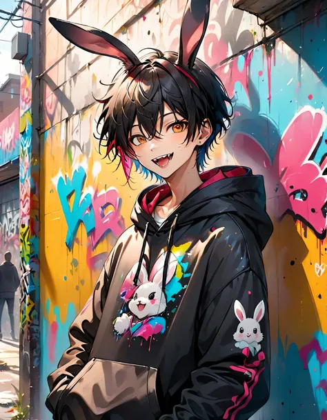 a 17-year-old androgynous boy with a mischievous smile, revealing his fangs. he is wearing a black hoodie with bunny ears, stand...