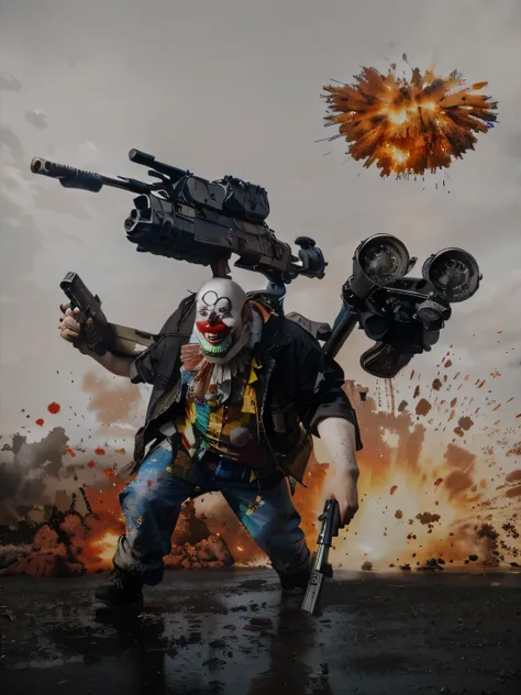 Clown Spawn with gun and explosion in the background. A floor with a puddle of water and dirty.