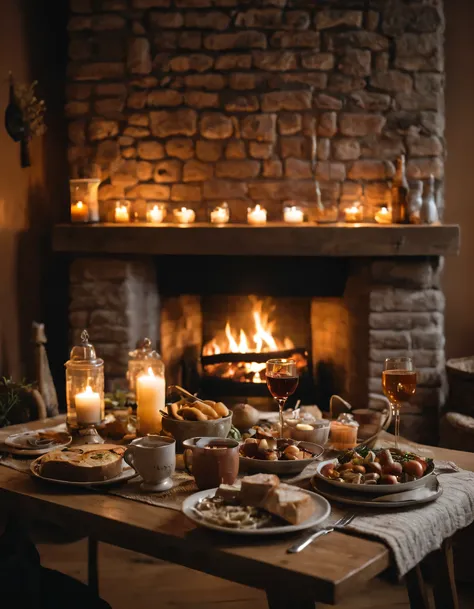 there is a table with food and drinks on it in front of a fireplace, cozy place, cozy setting, cozy environment, pleasant cozy atmosphere, very cozy, cozy atmosphere, cozy and peaceful atmosphere, cozy and calm, cosy atmoshpere, cozy, cosy atmosphere, cosy...