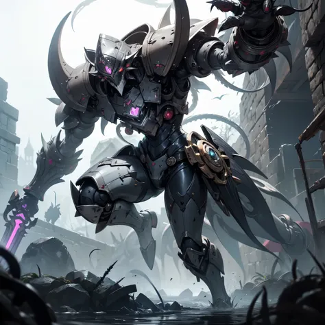 Ore shield Aegis platinum Robot steampumk Girl Automaton, mecanismos sombrios, uma Arma Mangual Aberrante repousa, A nightmare creation ready for action. This mangrove weapon is a grotesque monstrosity, with twisted tentacles that form the extension of the...