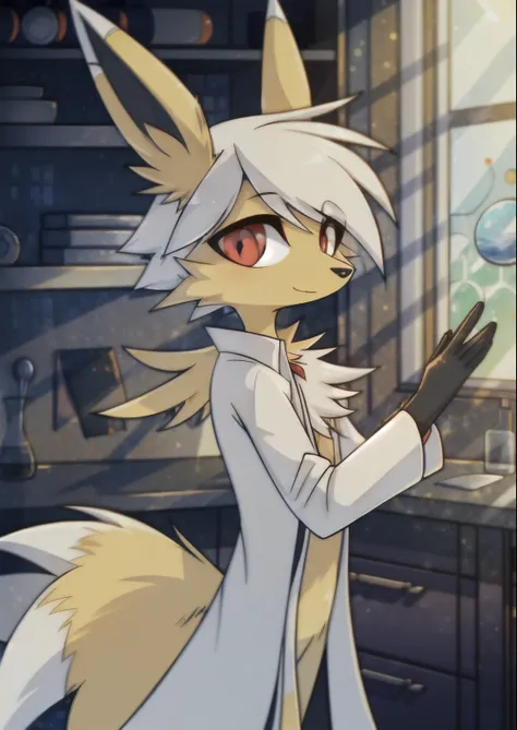 (Masterpiece, Best Quality, Highres:1.4), (anthro) Detailed, Intricate Details, 4K, (Pokémon), (jolteon), (furry) extremely detailed fur, red eyes, best quality, hair. style hair, tail. long tail, (2 ears), good anatomy, lab coat, looking at the viewer