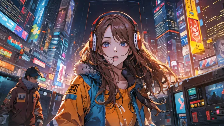 high resolution、one girl、wearing headphones、vibrant colors、vivid color、warm shades、full body images、futuristic city、brown medium...