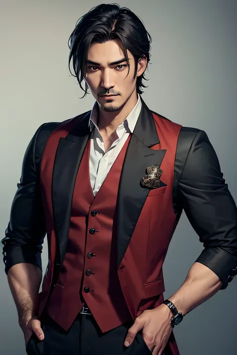 man in red vest, handsome male wizard, bowwater style, caleb from critical role, character portrait, detailed character portrait, takeshi kaneshiro, sebastian michaelis, adult, handsome, tall guy, broad shoulders, finely detailed eyes and detailed face, bl...