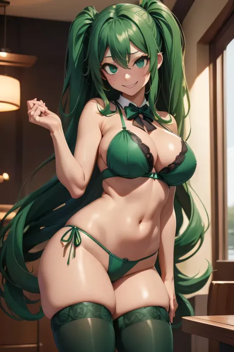 (high quelity), female Midoriya Izuku JK, long green hair, tiwntails, green lingerie, thighhighs, platform heels, mischievous smile, light blush, looking at viewer, huge breasts, precise hands, sexy pose, detailed club in the background