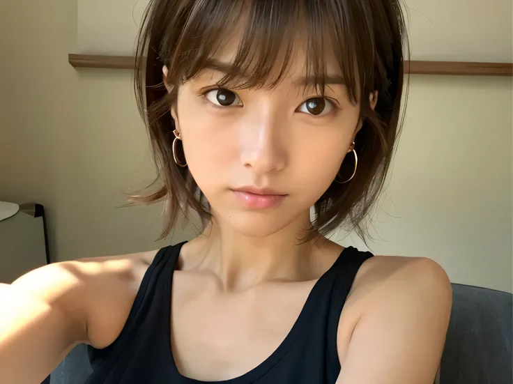 Look into the eyes,　Eye contact,　Front of face,　Front face,　face,　head,　Cross-legged,　indoor,　Brown Hair,　bangs,　Light clothing,　Tank top,　Sweat,　Sweaty,　Sweaty,　clavicle,　Cross-legged,　Light from below,　Chest,　Earrings