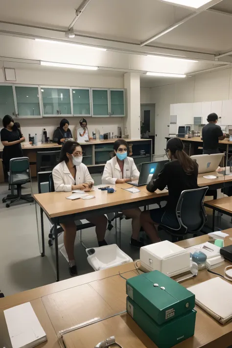 several people sitting around a table with laptops and papers, in laboratory, student, experiment in laboratory, dsrl photo, ind...