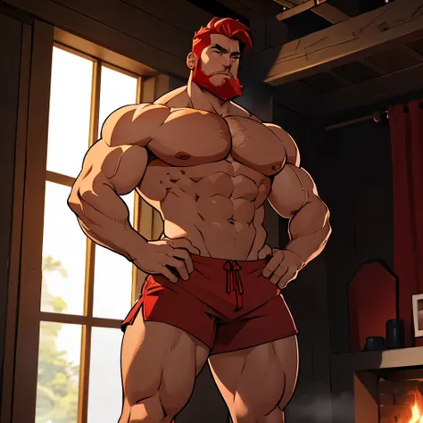 Big broad shouldered muscular man with red hair, Huge torso, High growth, wide biceps, full height, in red and black shorts, with beard, naked torso, close to body view