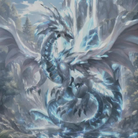 a white dragon with blue wings flies over a waterfall, blue eyes white dragon, dragon legendario, water dragon, dragon de crista...